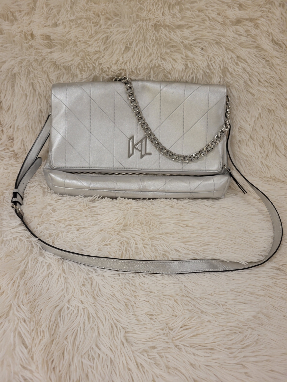 Karl Lagerfeld Metallic Silver Quilted Shoulder Bag with Chain